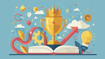 A vibrant flat design illustration of an open book with a trophy atop, alongside an upward arrow, cogwheels, and a lightbulb