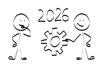 2026. doodle. Simple hand-drawn stick figures presenting the year 2026 on a board, symbolizing future planning, goals, and business forecasting.