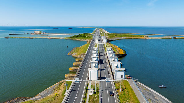 Aerial from the highway A7 at the Lorenz sluices in the Netherlands