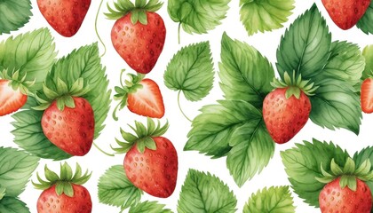 Vibrant Watercolor Pattern of Strawberries and Leaves for Invitations and Fabric Design