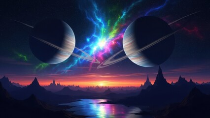 Vibrant cosmic landscape with planets and colorful nebula at sunset