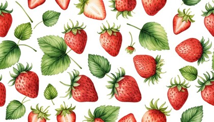 Fresh and Juicy Strawberry Pattern with Green Leaves on a White Background