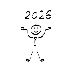 2026. doodle. Simple hand-drawn stick figures presenting the year 2026 on a board, symbolizing future planning, goals, and business forecasting.