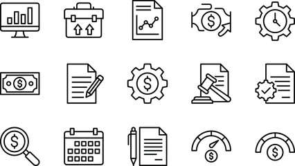 Banking and finance line icon set, featuring money growth charts, currency symbols, legal gavel, investment planning, savings, and financial documents.