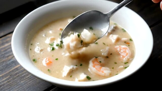 Seafood Chowder Close-Up - Creamy Soup with Shrimp and Fish.