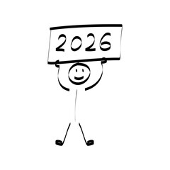 2026. doodle. Simple hand-drawn stick figures presenting the year 2026 on a board, symbolizing future planning, goals, and business forecasting.