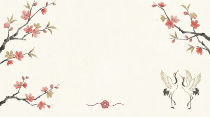 Graceful cranes amidst cherry blossoms tranquil setting artistic illustration serene environment soft color palette nature and culture harmony