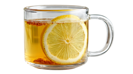 Glass mug of lemon tea with a slice of lemon on top isolated on transparent background