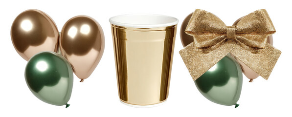 Festive Setup for Party Preparation with Balloons, Cup, and Decorative Bow