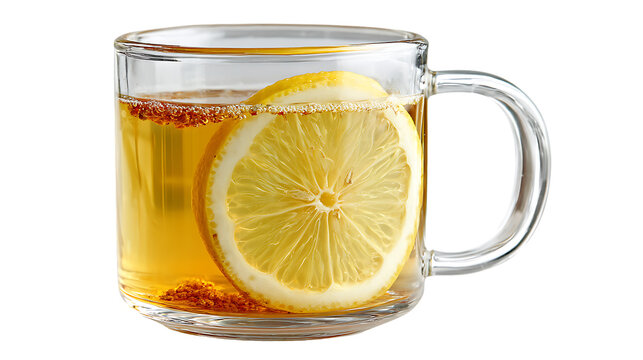 Glass mug of lemon tea with a slice of lemon on top isolated on transparent background