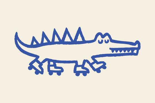Crocodile on roller skates naive doodle outline vector illustration