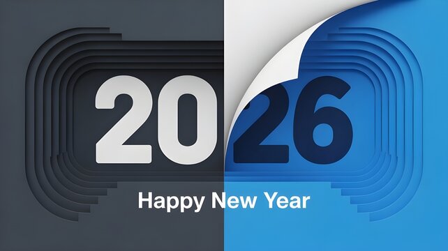 2026 happy new year celebration greeting card and social media post or banner vector design template in page peel style