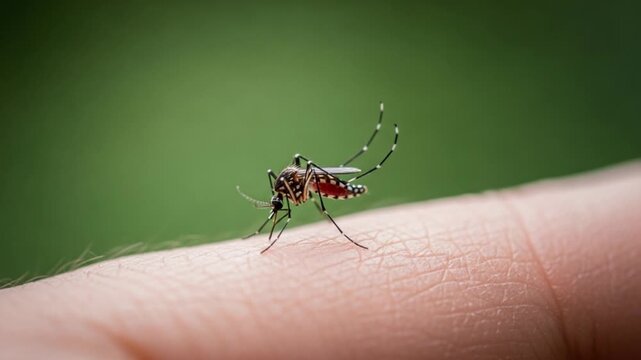 Mosquito perched on a human finger with a green background outdoors