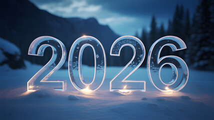 2026 New Year in frosty ice numbers with glowing lights in cold blue lighting on snowy landscape for calendar