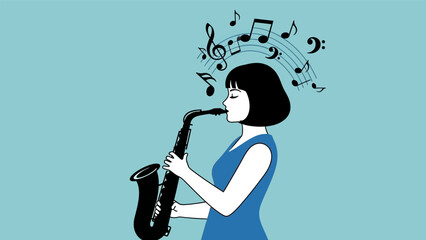 Naklejka premium Young woman with dark hair playing a saxophone with musical notes floating around her head, against a light blue background.