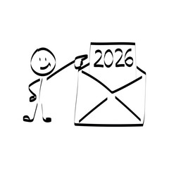 2026. doodle. Simple hand-drawn stick figures presenting the year 2026 on a board, symbolizing future planning, goals, and business forecasting.