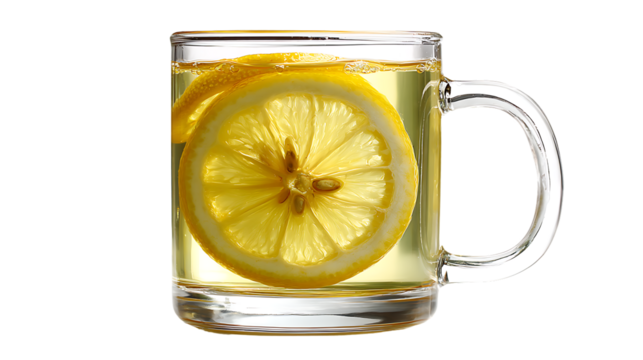 A refreshing glass mug of lemon tea with a slice of lemon inside isolated on transparent background - Powered by Adobe