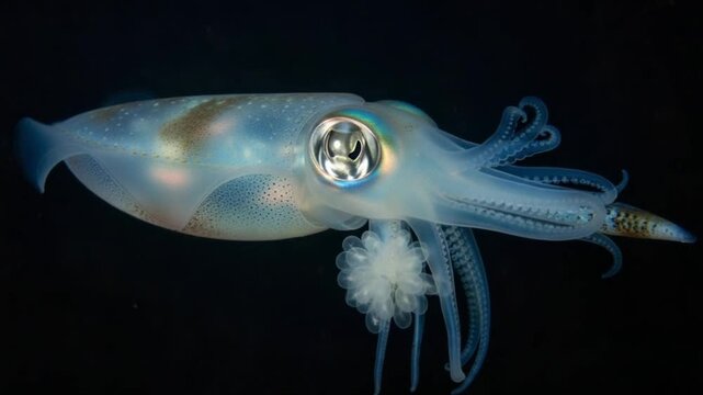 Vibrant squid swimming in dark water with large eye and tentacles