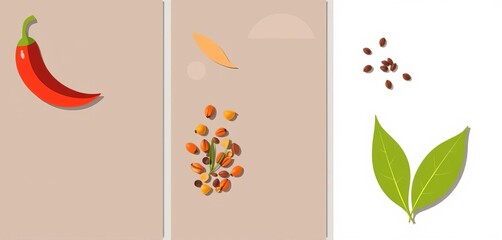 Abstract flat design set of spice posters for culinary use, featuring chilli, nutmeg, mustard seeds, and bay leaf in a simple, modern art style,  simple,  mustard seeds