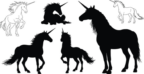 Unicorn silhouette and line art illustration, magical fantasy creature, black and white unicorn poses, mythical animal design, vector graphic set © Arafat World