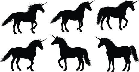 Unicorn silhouette collection, black unicorns, fantasy horse design, magical creature clipart, prancing unicorns, vector illustration, mythical animal, graphic set © Arafat World