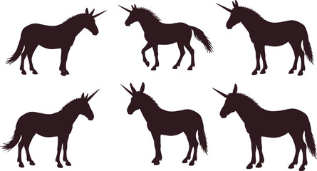 Unicorn silhouette collection, mythical horse poses, fantasy animal clipart, black unicorn vector, magical creature design, isolated mythical beast illustration