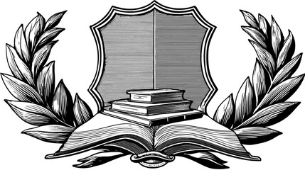 Vintage scholarly emblem with open books, shield, and laurel wreath. Classic academic knowledge symbol engraving.