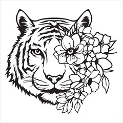 Tiger Face With Floral Botanical Elements