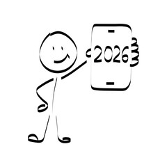 2026. doodle. Simple hand-drawn stick figures presenting the year 2026 on a board, symbolizing future planning, goals, and business forecasting.