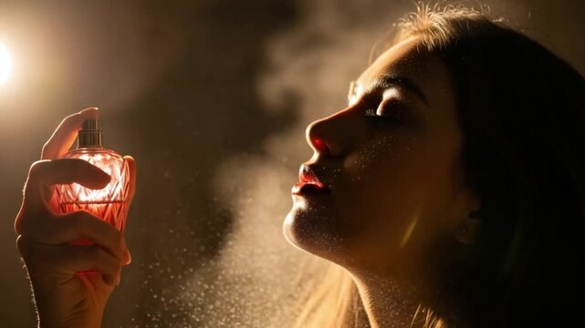 Woman spraying perfume on her neck in a dark room with backlight