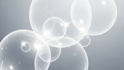 Ethereal transparent bubbles floating in soft gray space with light effects