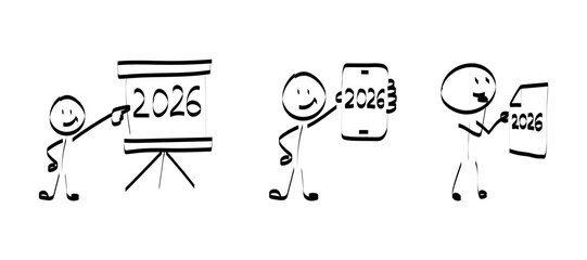 2026. doodle. Simple hand-drawn stick figures presenting the year 2026 on a board, symbolizing future planning, goals, and business forecasting.