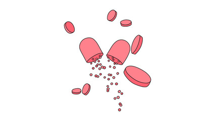 Abstract hand drawn illustration of open medicine capsule with pills on transparent background. For healthcare blogs, pharmaceutical advertising, medical infographics. Sketchy style with black outline