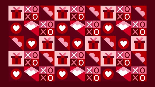 Abstract geometric shape square pattern with valentine red pink gift boxes, love letters, red hearts and triangles animated geometrical multicolored colorful squares transition mosaic tile video