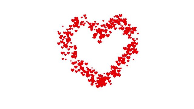 animated Big heart frame made of small red hearts valentine 3d backdrop, animated red heart trail moving flying particles in heart shape stardust seamless loop video footage clip animation, heart sign