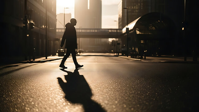 A solitary figure walks across a wet city street, casting a long shadow under the dramatic glow of the rising or setting sun, highlighting urban life and movement