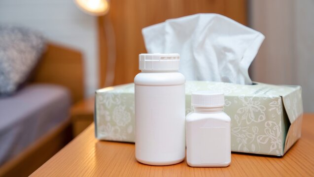 Cold relief still life flu medicine near tissue box with clean packaging and soft indoor lighting - Powered by Adobe