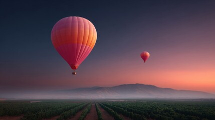 Obraz premium Two hot air balloons flying over a vast landscape. the balloons are pink and orange in color and are inflated.