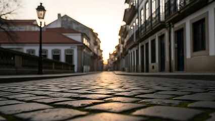 Cobblestone street in a european city at sunset with historic buildings and a lamppost