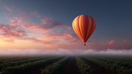 Obraz premium Hot air balloon flying over a vast field of crops. the balloon is orange and yellow striped and is in the center of the image.