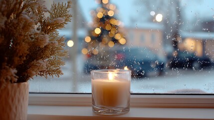 Candle is lit in a glass jar on a window sill