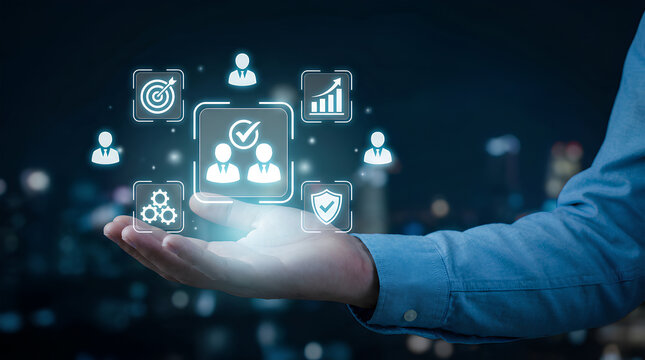 a hand holds a glowing smartphone displaying icons representing teamwork targets data and security against a blurred city backdrop high quality professional detailed modern elegant stylish - Powered by Adobe