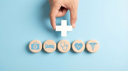 a hand carefully places a white plus sign block amongst other wooden medical icons on a light blue surface representing healthcare concepts high quality professional detailed