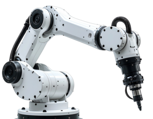 Modern, articulated robotic arm. White, with mechanical joints and a complex end-effector for industrial tasks