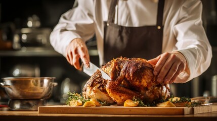 Close-up of chef carving a roasted bird on a wooden board. The dish is garnished with herbs and fruit, set in a kitchen