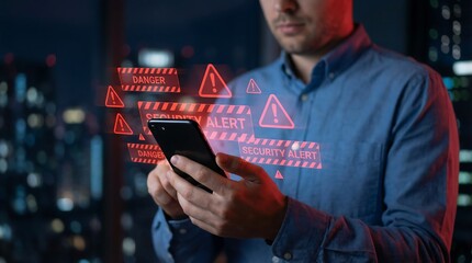 a man holding a smartphone with a digital overlay of warning signs alerts and security notifications displayed in a vibrant red hue high quality professional detailed