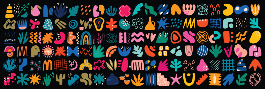 Large collection of abstract colorful hand-drawn shapes and decorative elements in a modern playful style. Vibrant organic forms, doodles, patterns, and symbols perfect for branding, posters, backgrou
