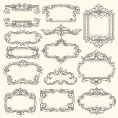 Ornate frames and decorative elements in a vintage illustration style on a beige background