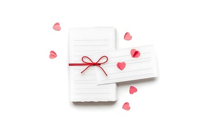 A heartfelt message awaits stacked notepads with a red ribbon and scattered heart confetti high quality professional
