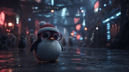 A cute little penguin wearing  santa claus hat, set against cyberpunk city background.